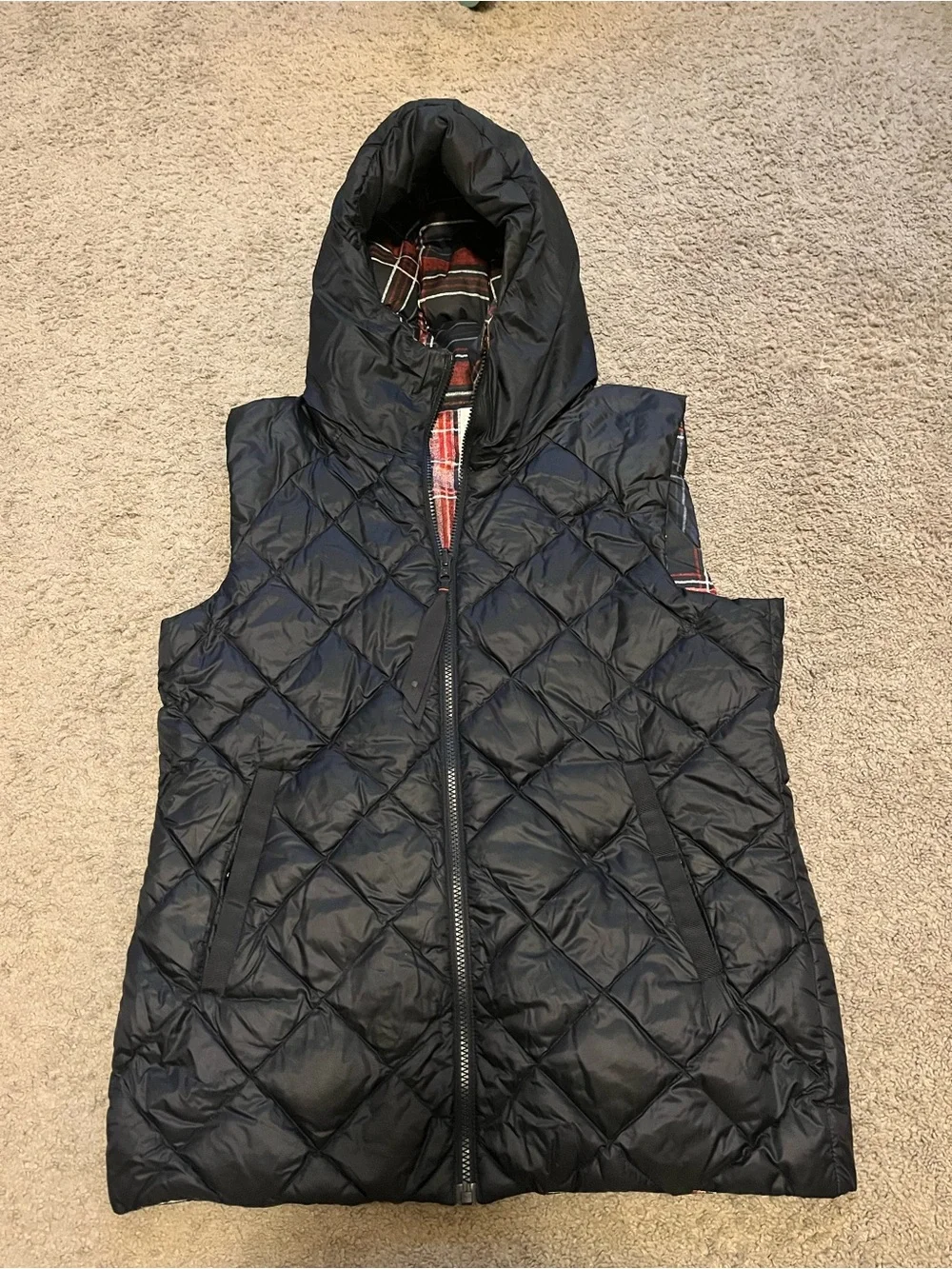 Lululemon Fluffiest Reversible Goose Down Navy Plaid Red Hooded Vest Size 12